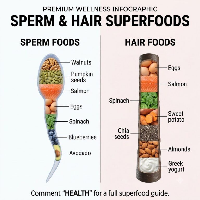 An infographic showing two stylized containers one shaped like a sperm cell filled with sperm foods and another like a h