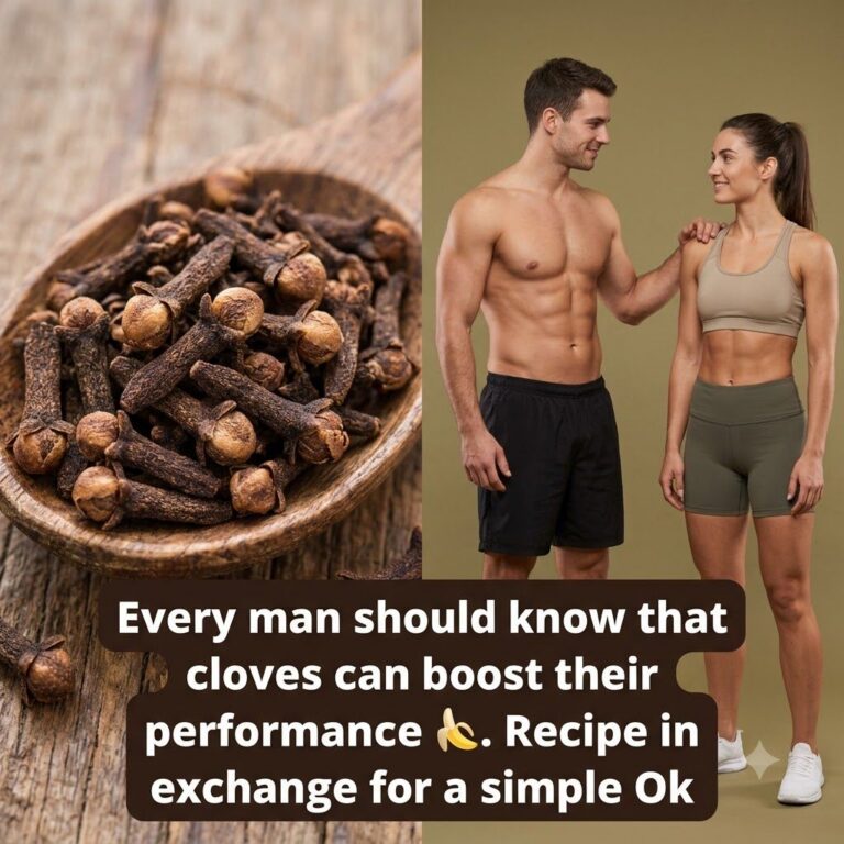 A close-up of dried cloves in a wooden spoon on one side and an athletic healthy-looking couple on the other symbolizing