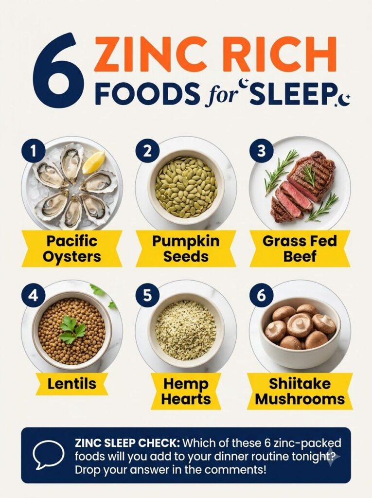 An infographic titled 6 ZINC RICH FOODS for SLEEP showing six circular frames with images of Pacific Oysters Pumpkin See