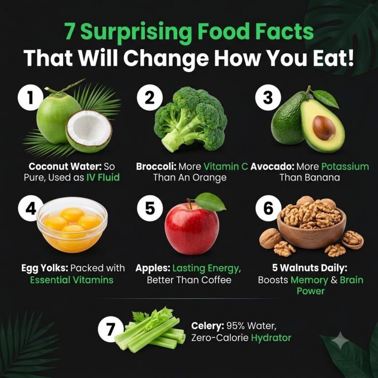 An infographic showing 7 surprising food facts including avocado strawberries sweet potato oats walnuts cucumbers and ch