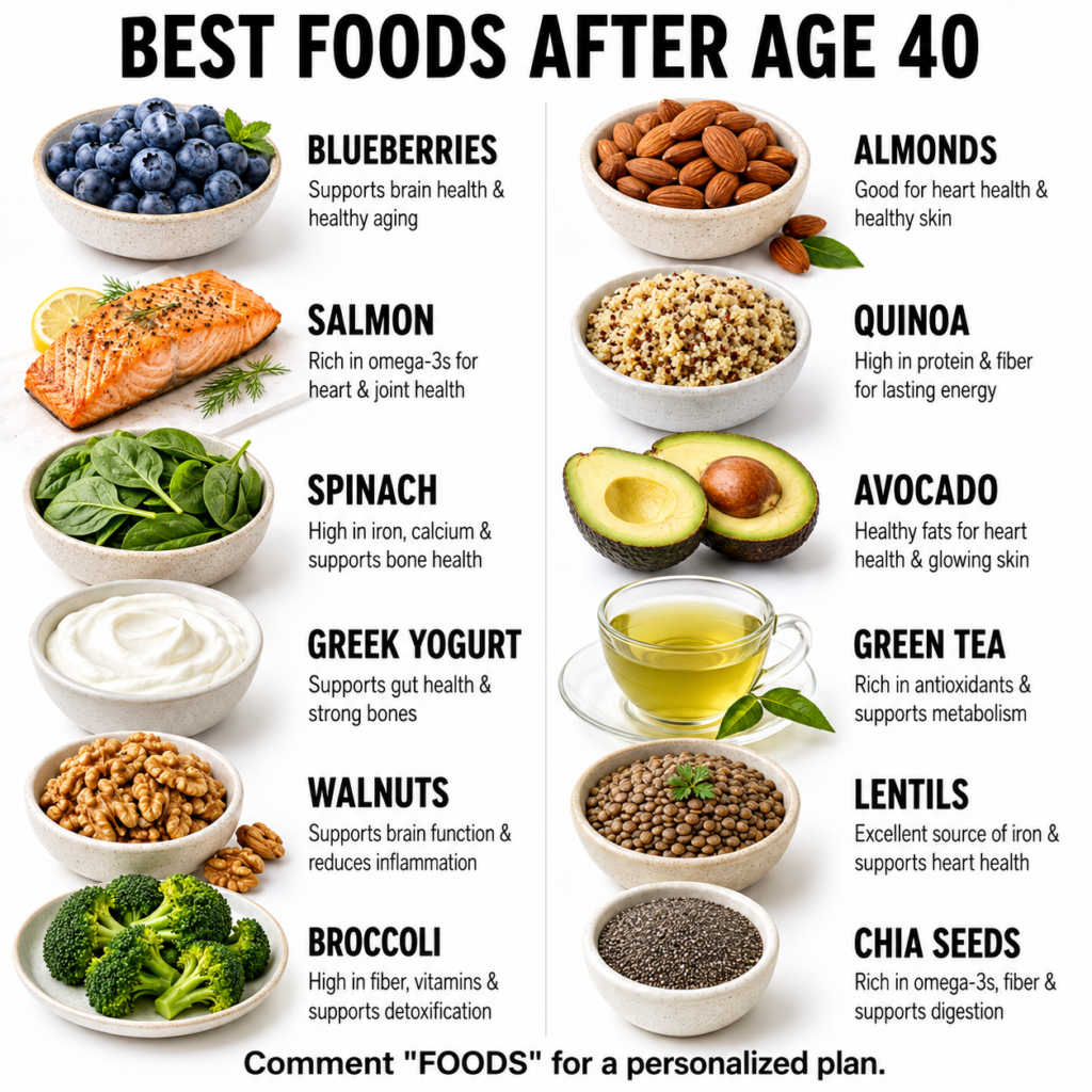 A grid infographic titled BEST FOODS AFTER AGE 40 showing individual bowls of blueberries salmon spinach Greek yogurt wa