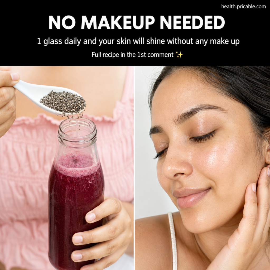 Hands spooning chia seeds into a glass bottle with a vibrant red berry drink