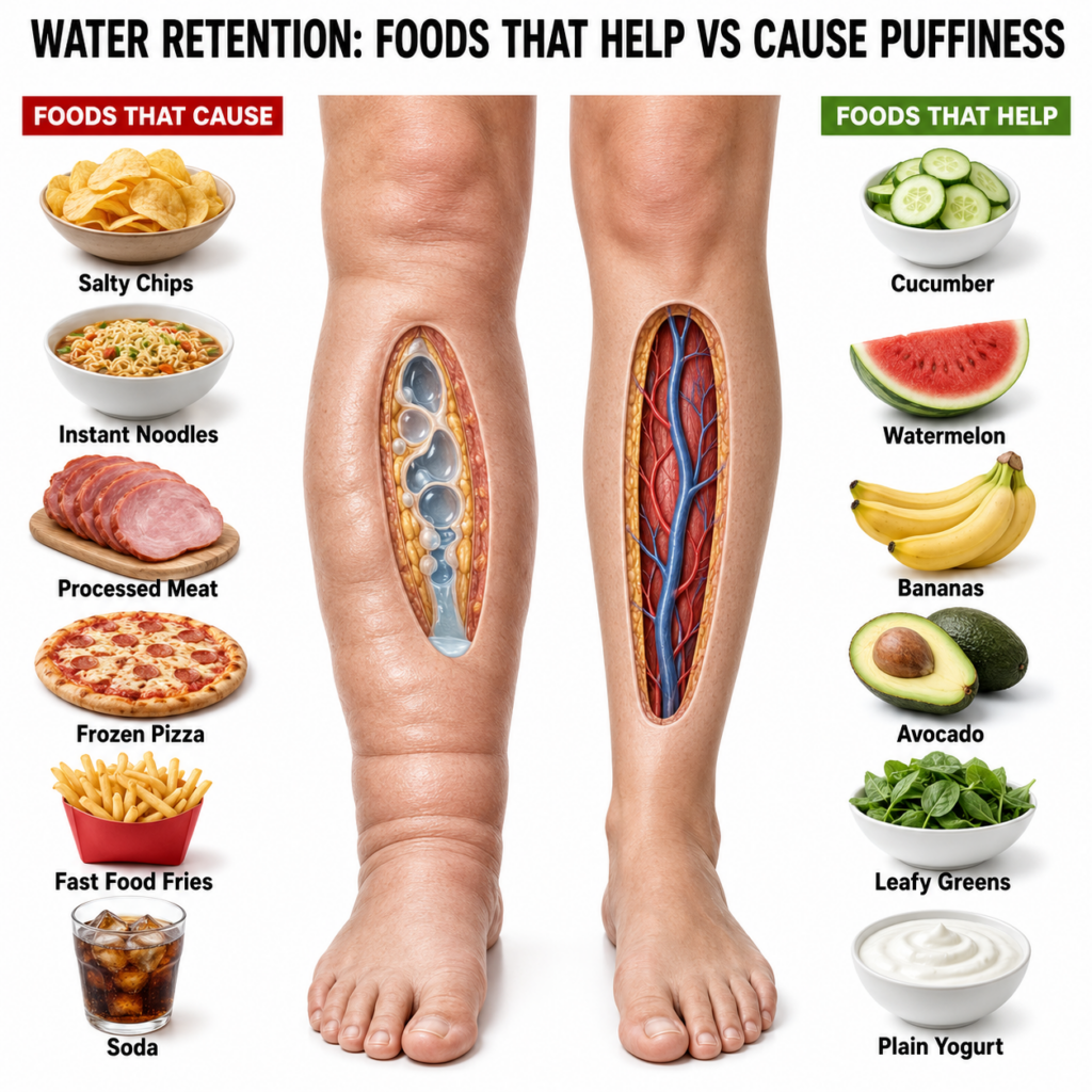 An infographic showing a comparison between a swollen edematous leg and a healthy leg On the left a column of foods that