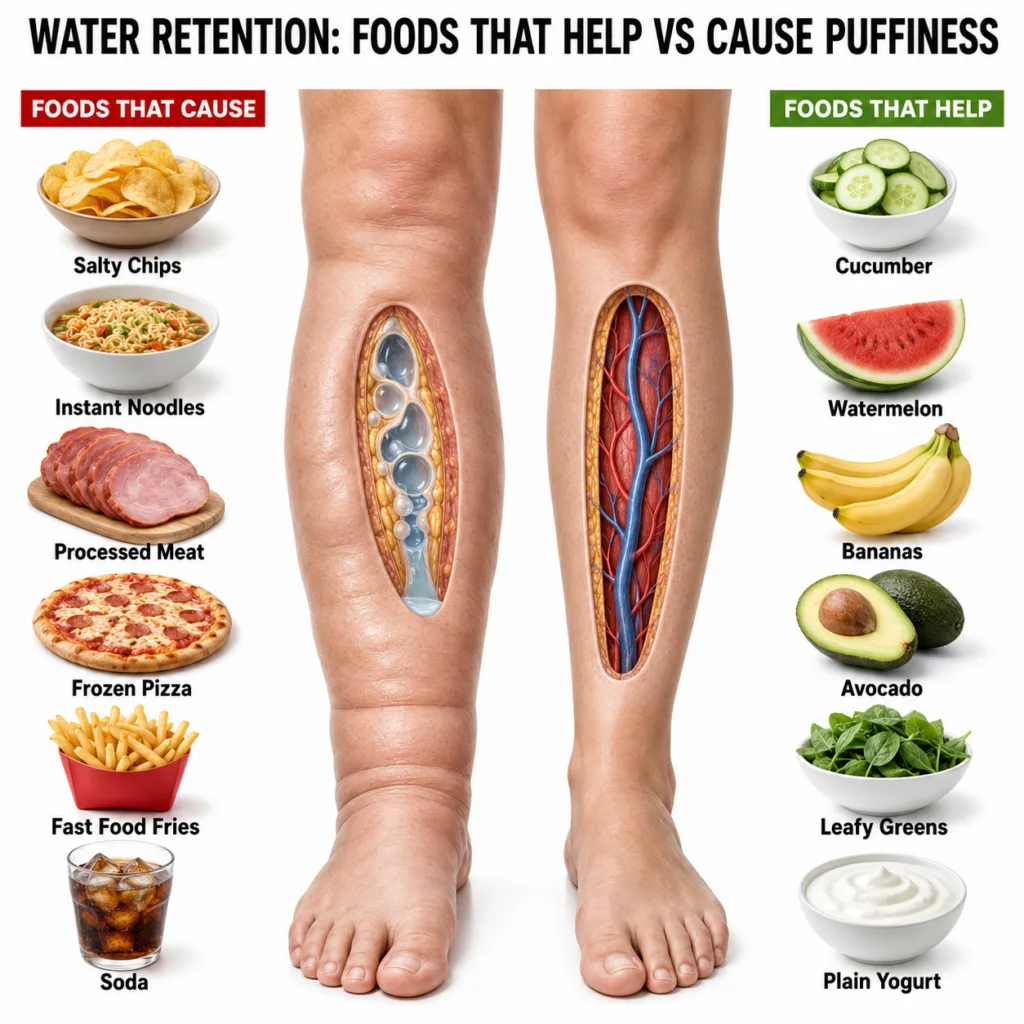 An infographic showing a comparison between a swollen edematous leg and a healthy leg On the left a column of foods that