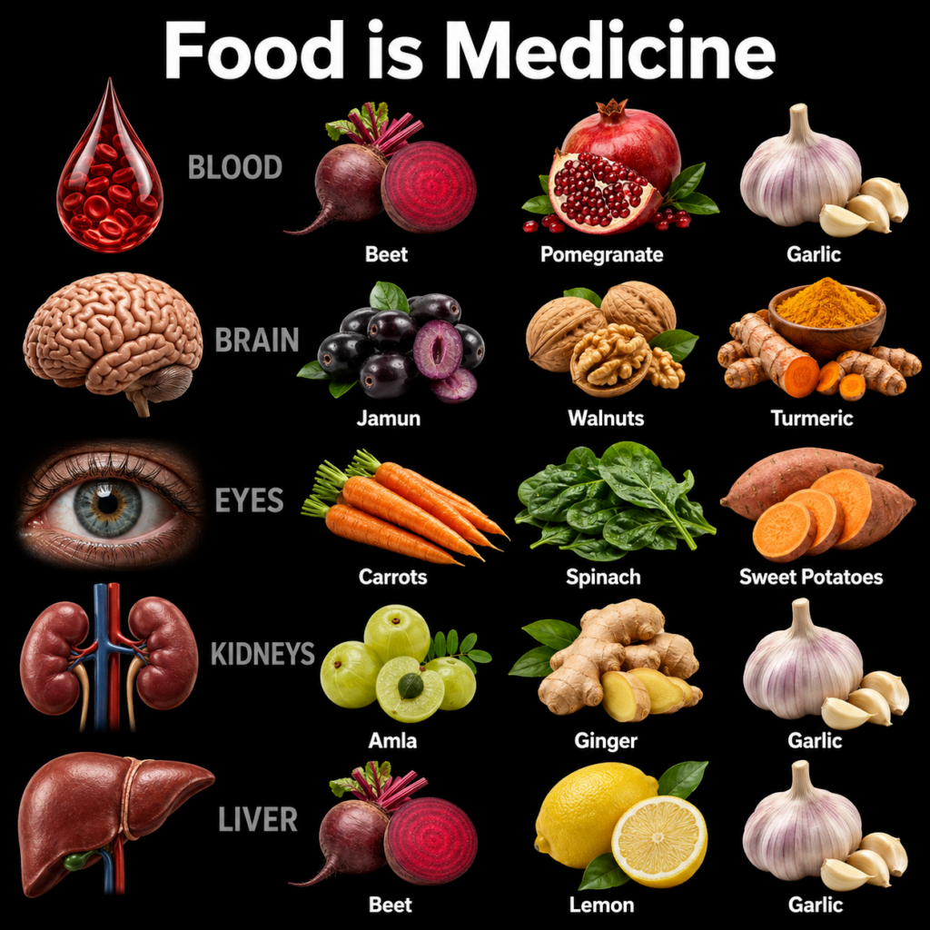 An infographic titled Food is Medicine showing a grid of five vital organs Blood Brain Eyes Kidneys Liver each paired wi
