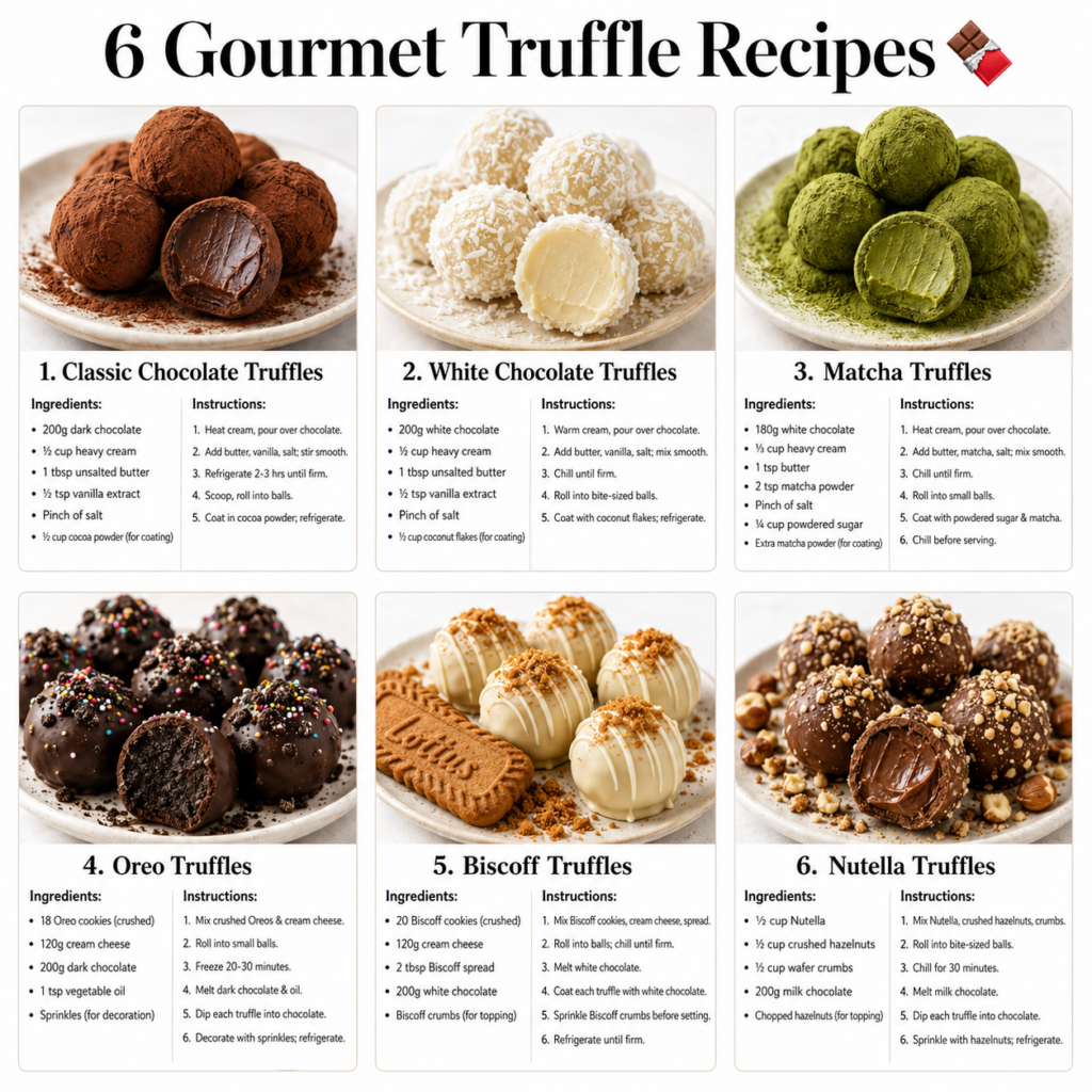 An overhead shot of six different types of gourmet truffles arranged on small white plates The truffles include classic 
