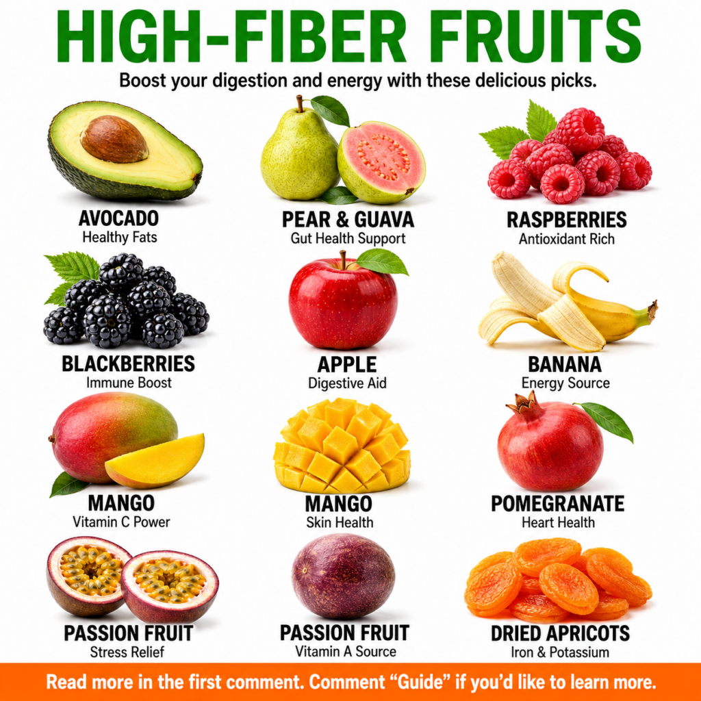 An infographic showcasing various high-fiber fruits like avocado pears raspberries apples mangoes and pomegranates each 