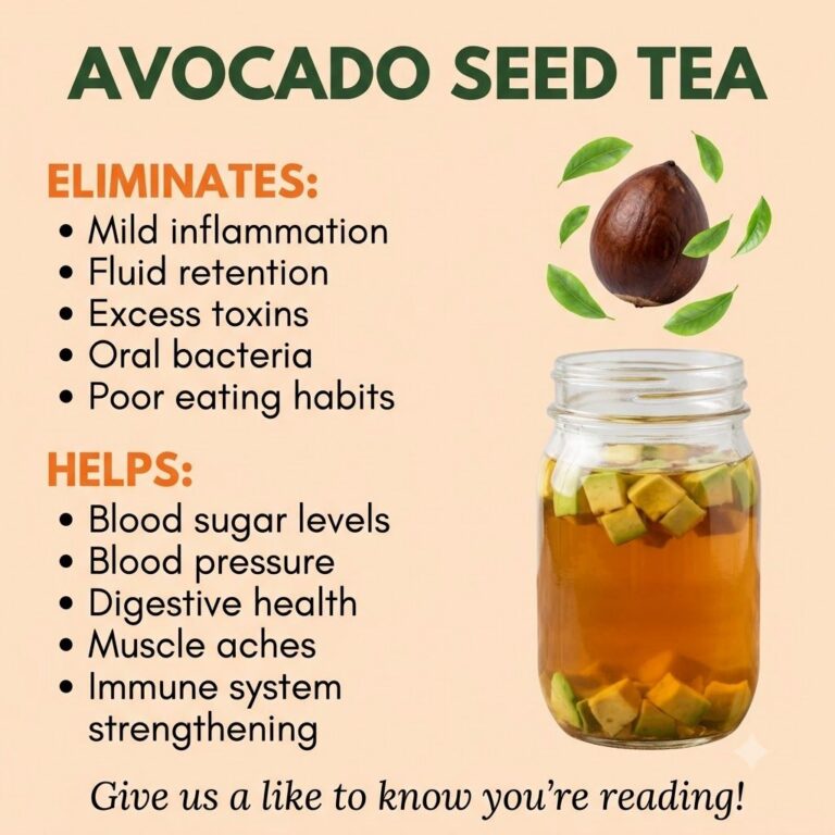 A brightly colored infographic promoting AVOCADO SEED TEA showing whole and cubed avocado seeds steeping in an amber-col