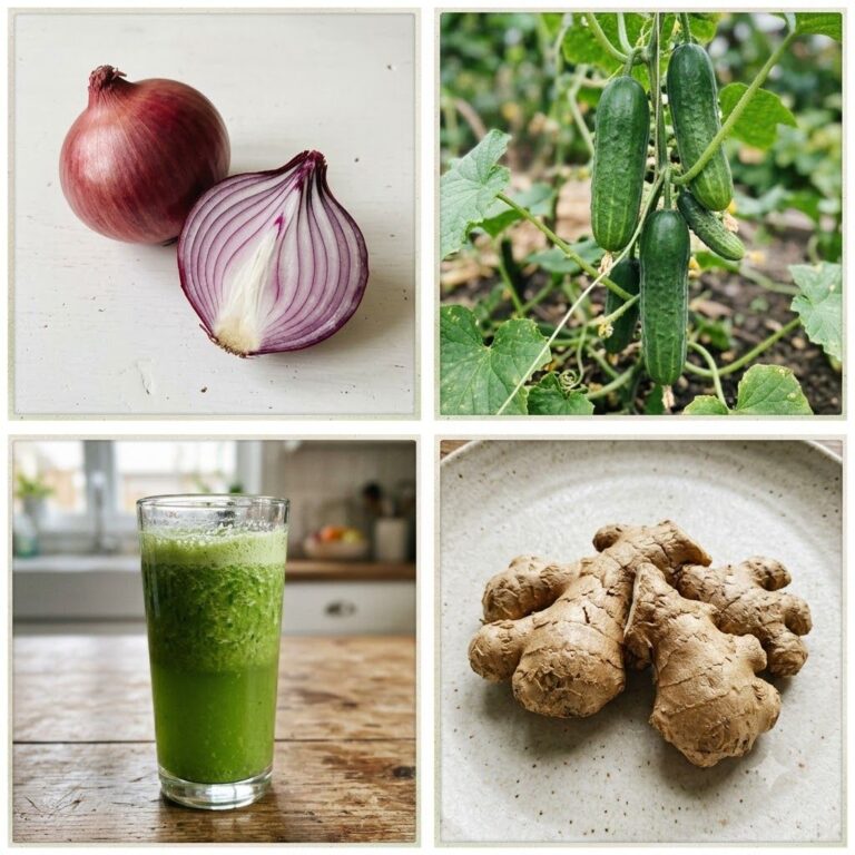 A four-panel collage showing a whole and halved red onion fresh green cucumbers on a vine a tall glass of green frothy l