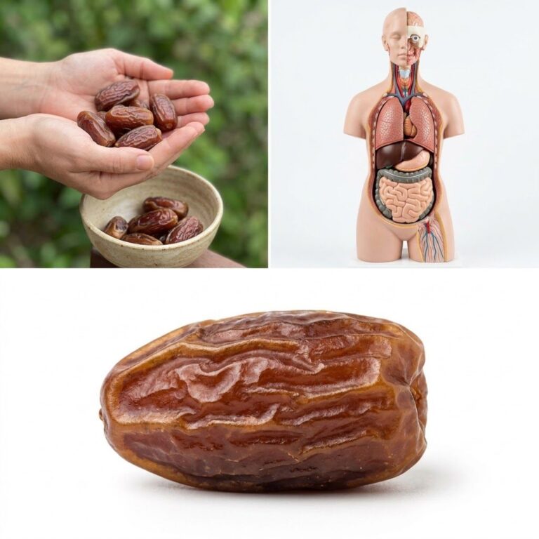 A composite image showing hands holding dates a human torso anatomical model with internal organs and a close-up of a si