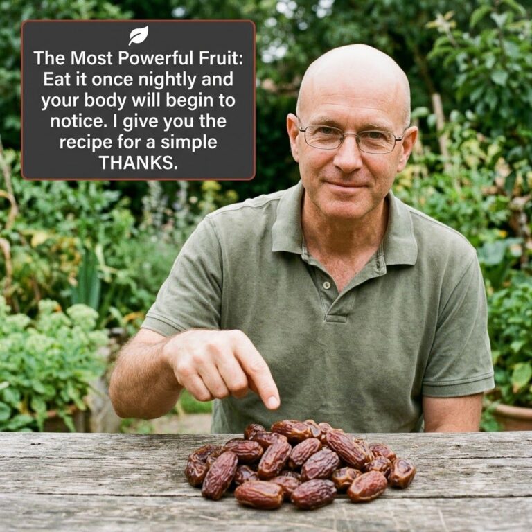 A middle-aged man with glasses and an olive-green shirt sits at a rustic outdoor table pointing towards a pile of dates 