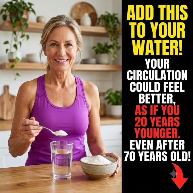 A healthy smiling woman in her late 50s or early 60s in a modern kitchen adding white powder from a spoon into a glass o