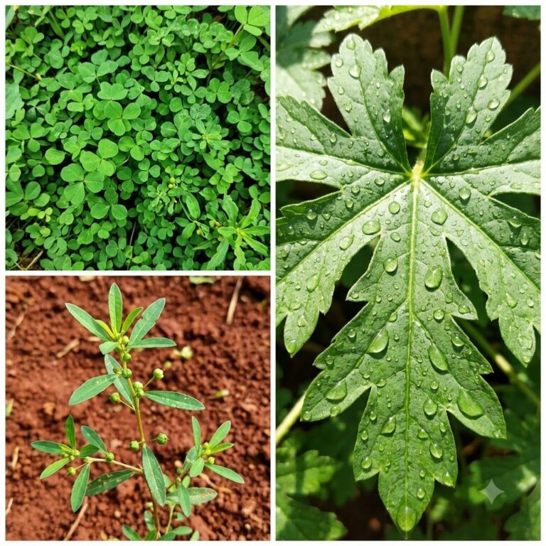A vibrant collage of fresh green plants including clover-like foliage a slender plant with seed pods in earthy soil and 