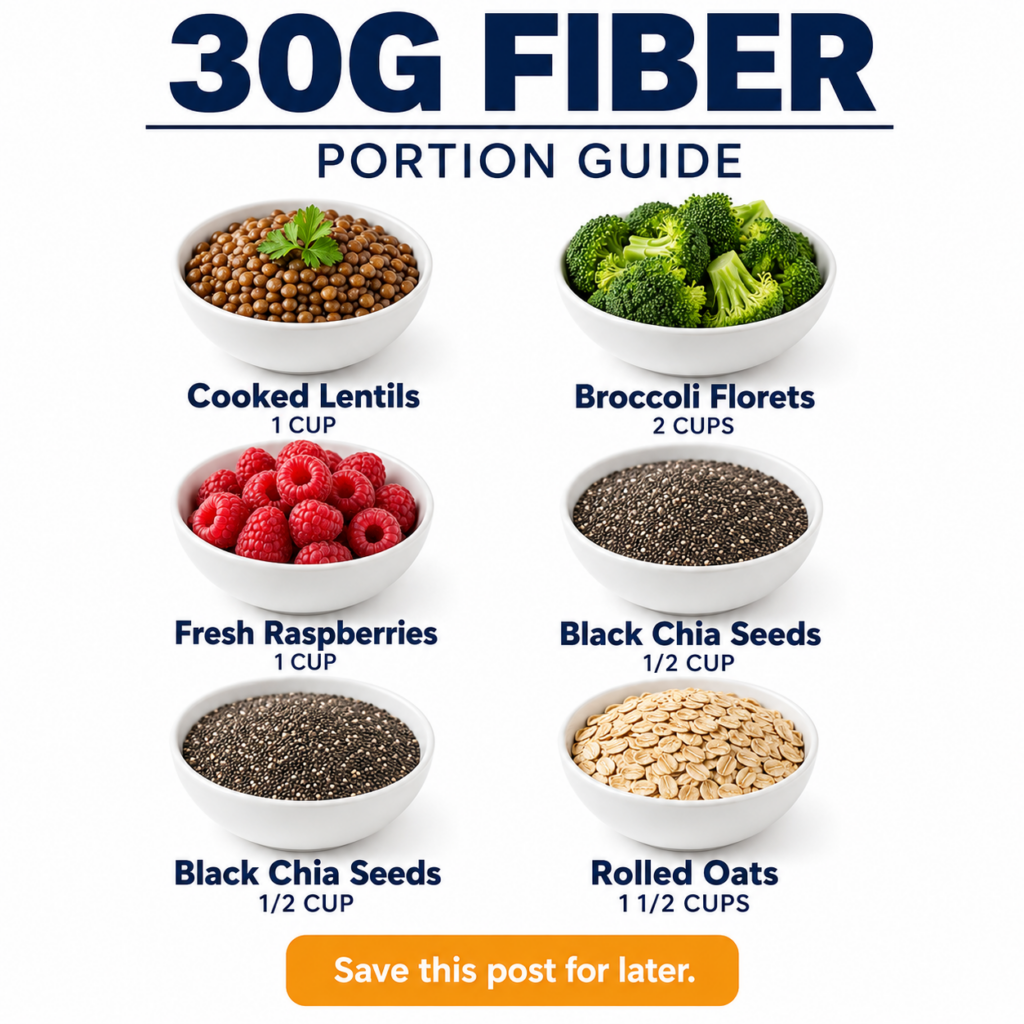 A clean and informative graphic titled 30G FIBER PORTION GUIDE It features six white ceramic bowls each containing a dif