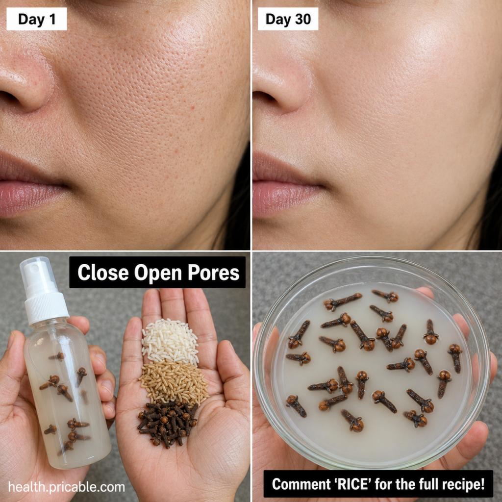 Before-and-after skin comparison showing reduced pore appearance and improved radiance after using a rice water and clov