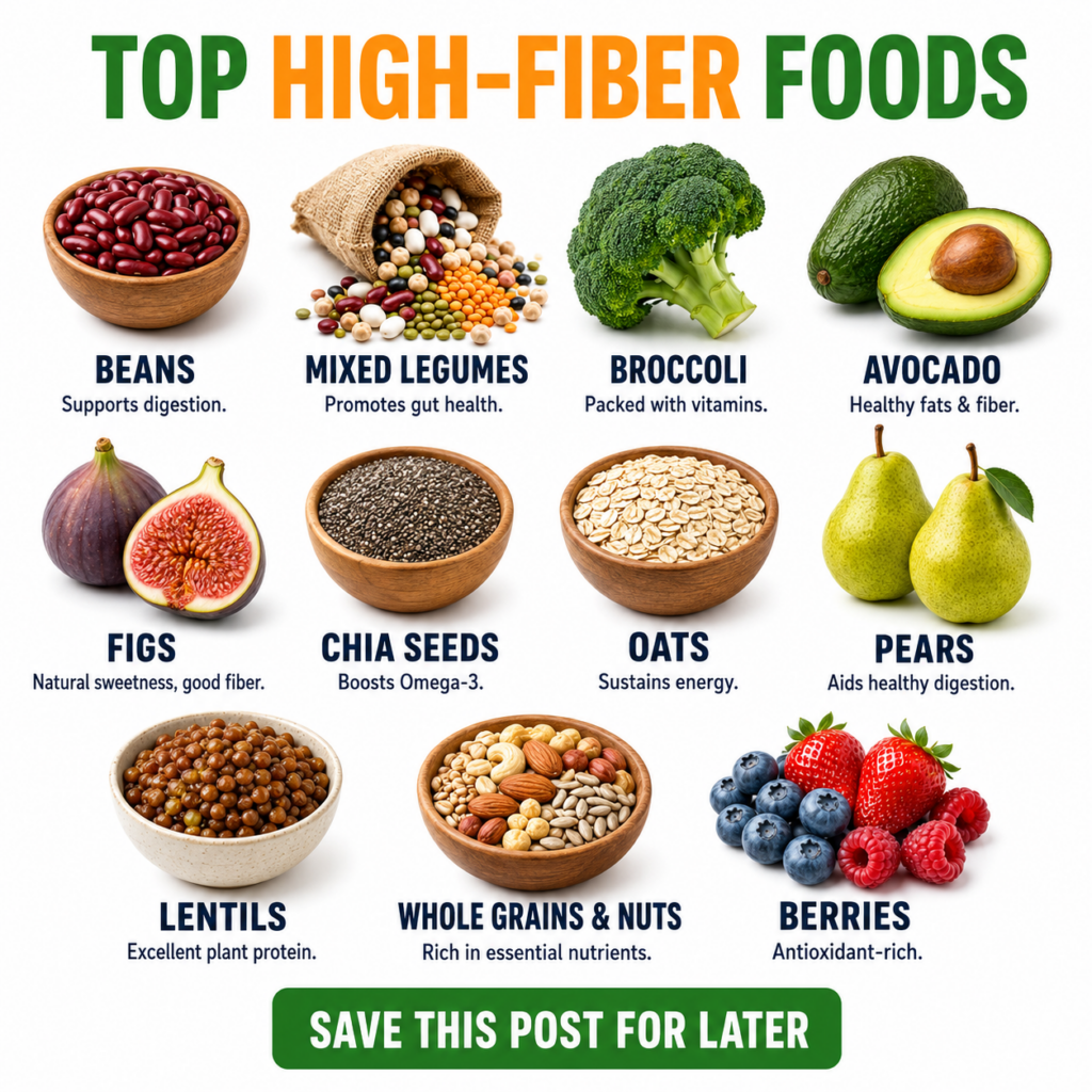 An infographic showing a grid of top high-fiber foods like beans lentils oats berries avocado and broccoli with short de