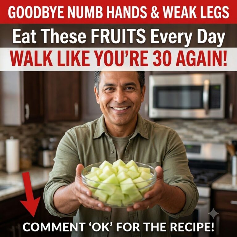 Smiling middle-aged man holding a bowl of diced light green fruit in a modern kitchen with an inviting expression