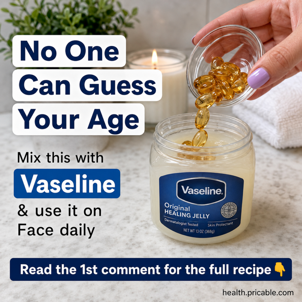 A hand pouring golden oval capsules into a jar of Vaseline Healing Jelly on a vanity counter with a plant and candle in 