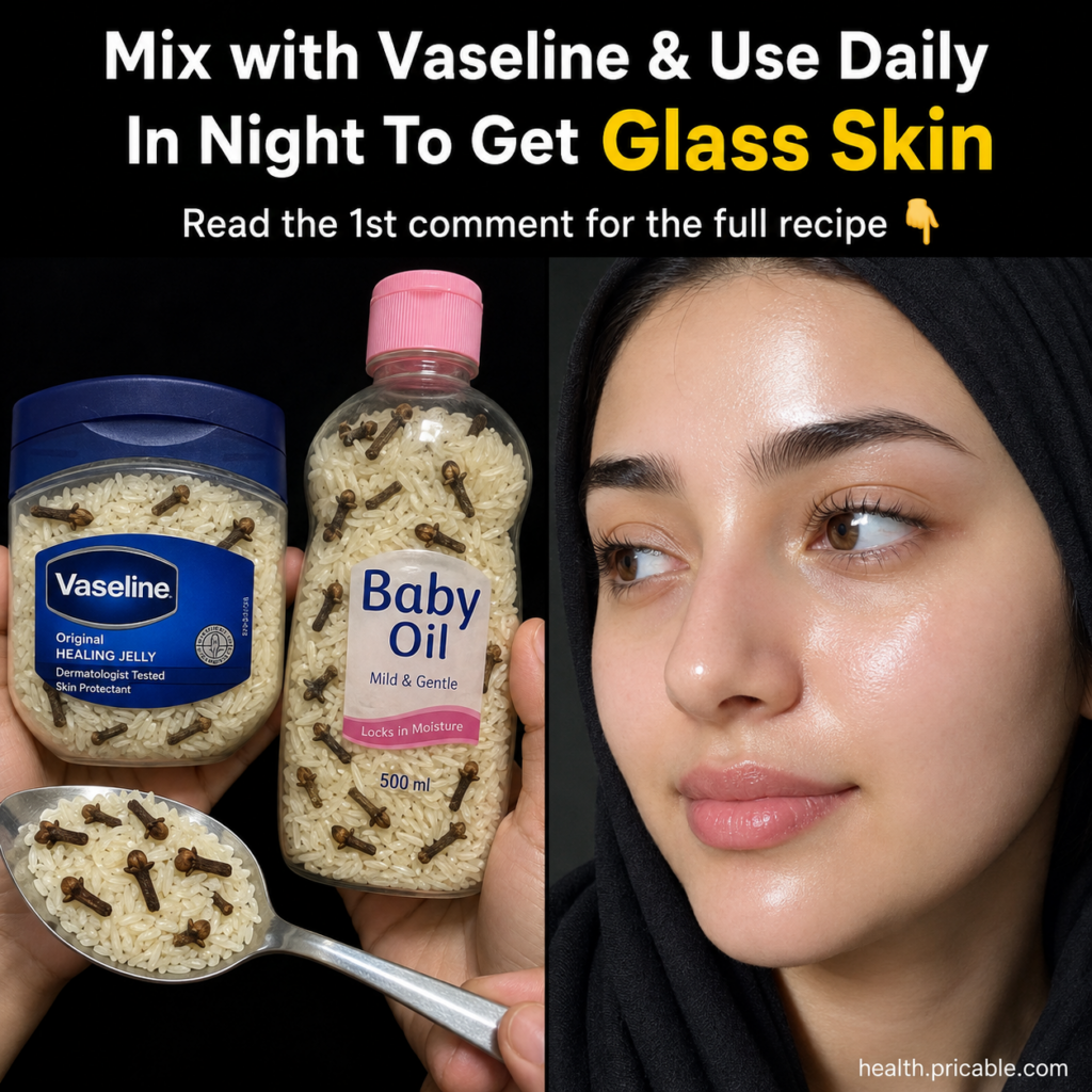 Ingredients for glass skin remedy a tub of Vaseline a bottle of baby oil and a spoon with white rice and a few cloves