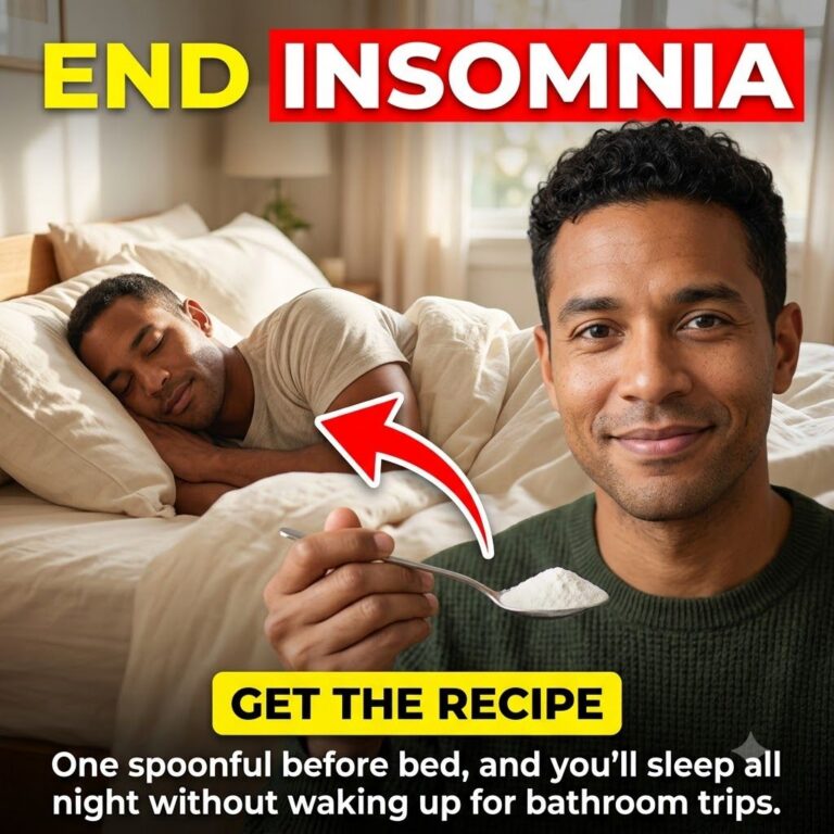 A man sleeping peacefully in a warm-toned bed contrasted with the same man awake and smiling holding a spoon with a whit