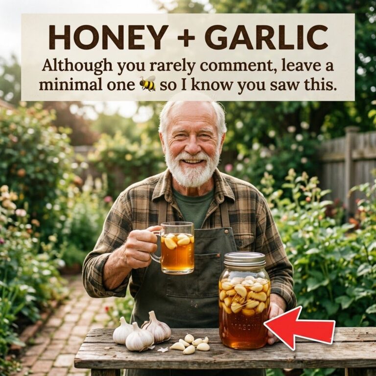 An elderly man with a white beard smiling and holding a mug of honey-garlic tonic standing behind a rustic table with ga