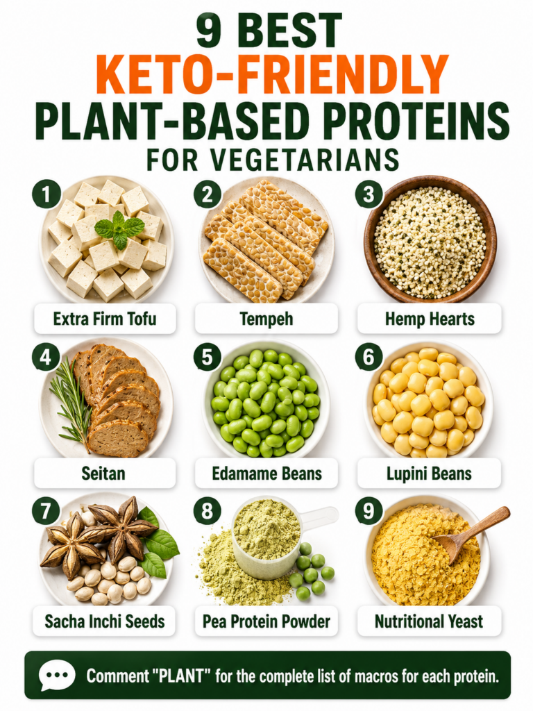 A colorful collage displaying nine individual portions of keto-friendly plant-based proteins tofu cubes tempeh strips sh