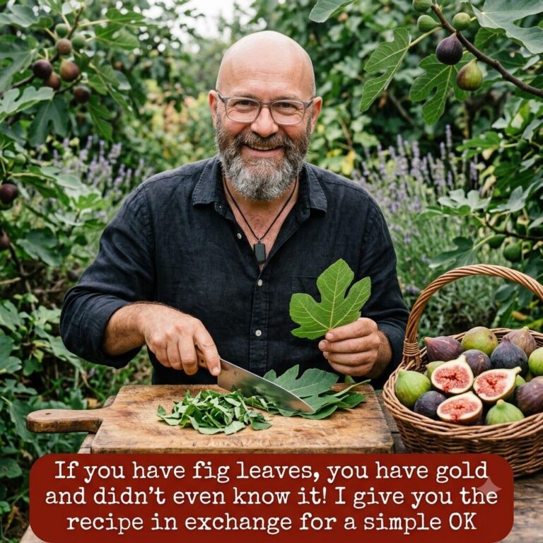 A friendly bald man with a beard and glasses smiling chopping fig leaves on a wooden cutting board outdoors amidst fig t