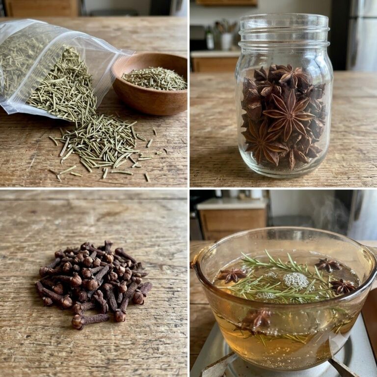 A four-panel collage showing dried rosemary star anise pods whole cloves and a clear glass pot simmering with the herbs 