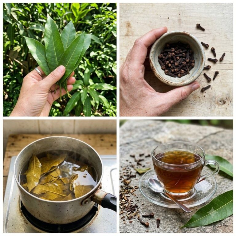 A four-panel grid showing fresh mango leaves dried cloves mango leaves simmering in a pot and the finished tea in a cup