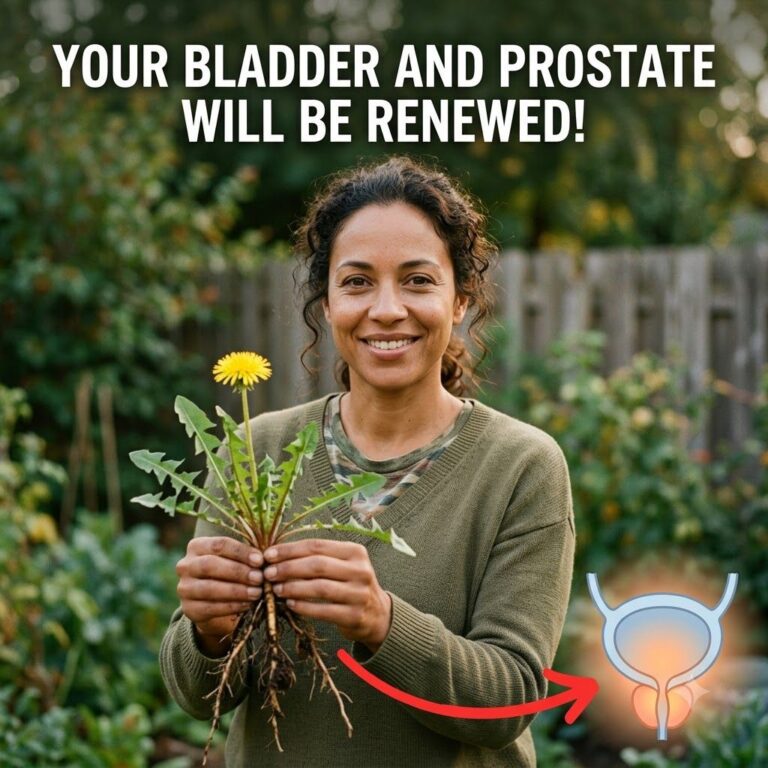 A smiling woman mid-30s to 40s with dark curly hair holding a dandelion plant with its roots flower and leaves She wears