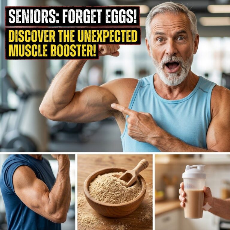 A vibrant senior man with gray hair and beard in a gym excitedly flexing his bicep pointing at it with a surprised and s