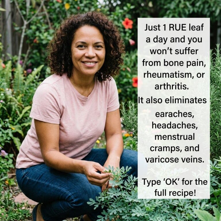 A smiling woman in a lush green garden holds a small sprig of rue leaves looking friendly and inviting The garden is vib