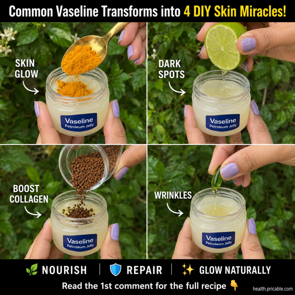 A four-panel grid showing hands mixing turmeric lime juice coffee and vitamin E oil into Vaseline jars labeled SKIN GLOW