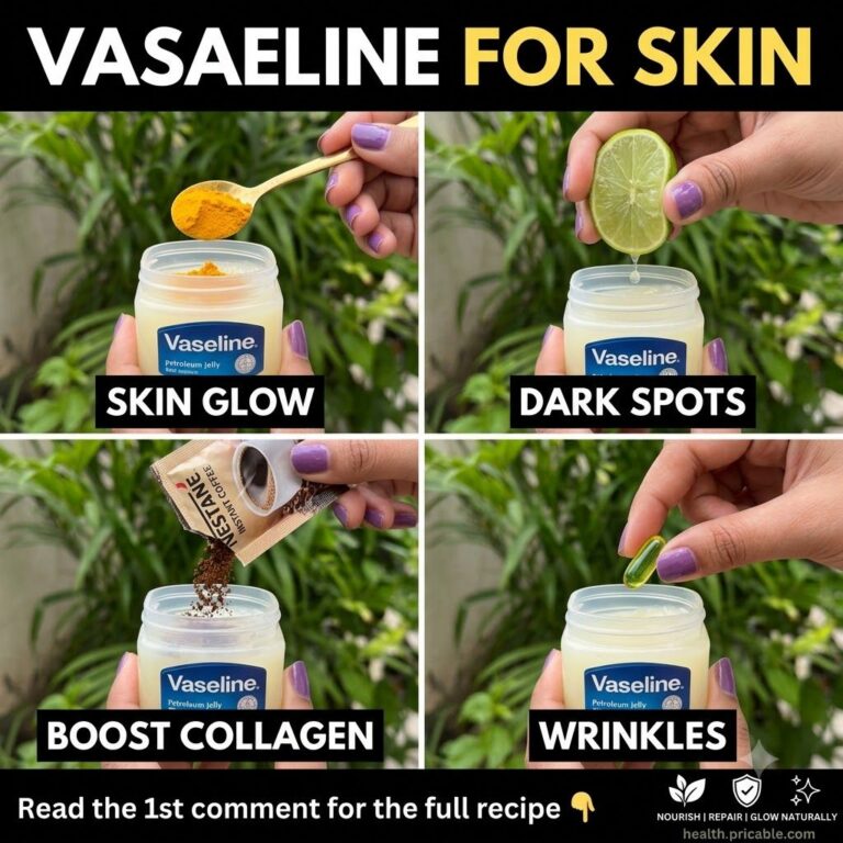A jar of Vaseline with various natural ingredients around it such as turmeric lime coffee and Vitamin E capsules