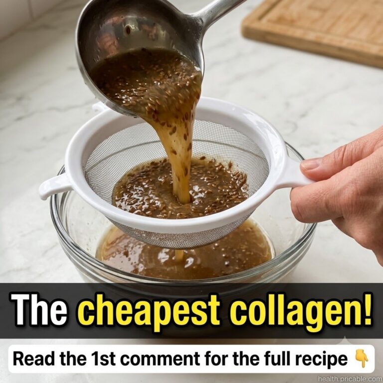 A person straining a viscous brown flaxseed mixture through a fine-mesh strainer into a clear glass bowl