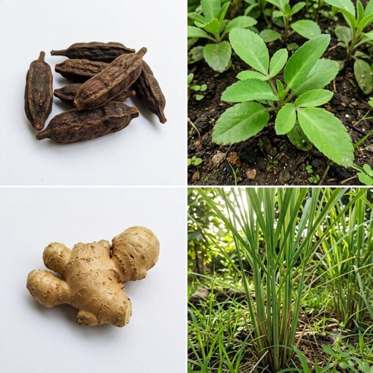 A four-panel collage showing dried Aidan fruit pods a green herbaceous plant fresh ginger root and lemongrass growing in