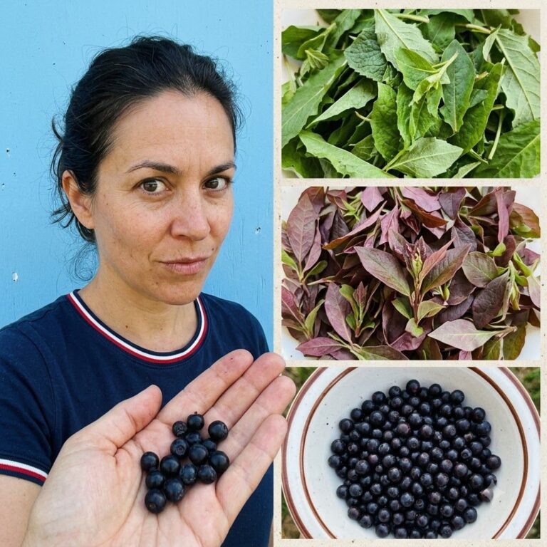A woman holding dark berries with a collage featuring piles of green leaves reddish-purple leaves and a bowl of dark ber
