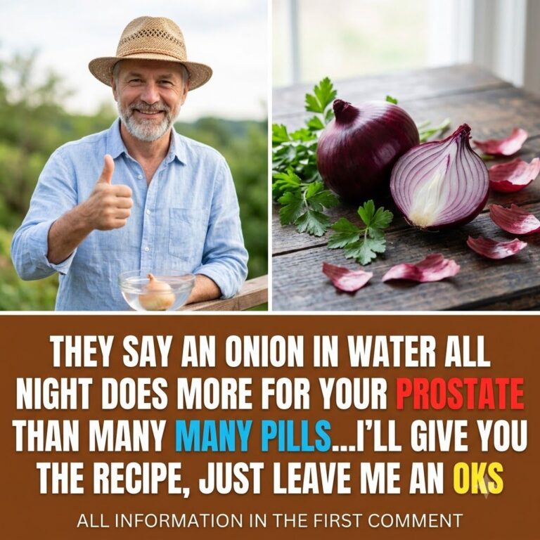 A collage showing an older smiling man with an onion in water whole and halved red onions and text highlighting potentia