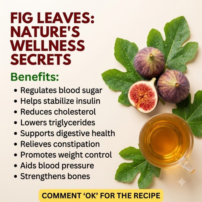 A clear glass cup of amber-colored fig leaf tea fresh green fig leaves whole purple figs and a fig cut in half all arran
