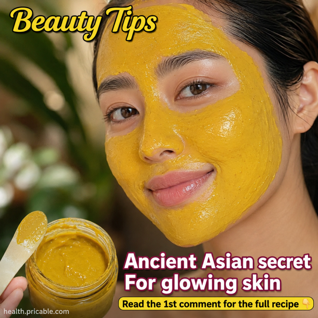 A young woman smiling with a vibrant yellow face mask applied to her face a small glass jar of the mask and wooden spatu