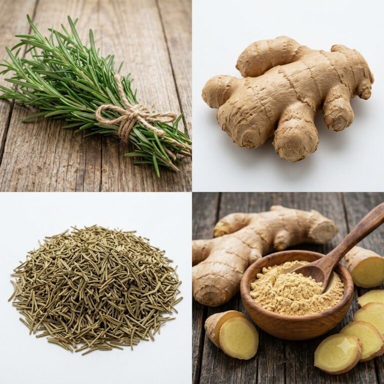 A collage featuring fresh and dried ginger and rosemary ingredients including whole ginger roots sliced ginger ginger po