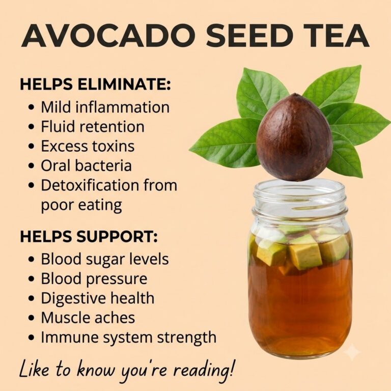 An infographic showing the benefits of avocado seed tea featuring an avocado seed tea in a glass jar and bullet points l