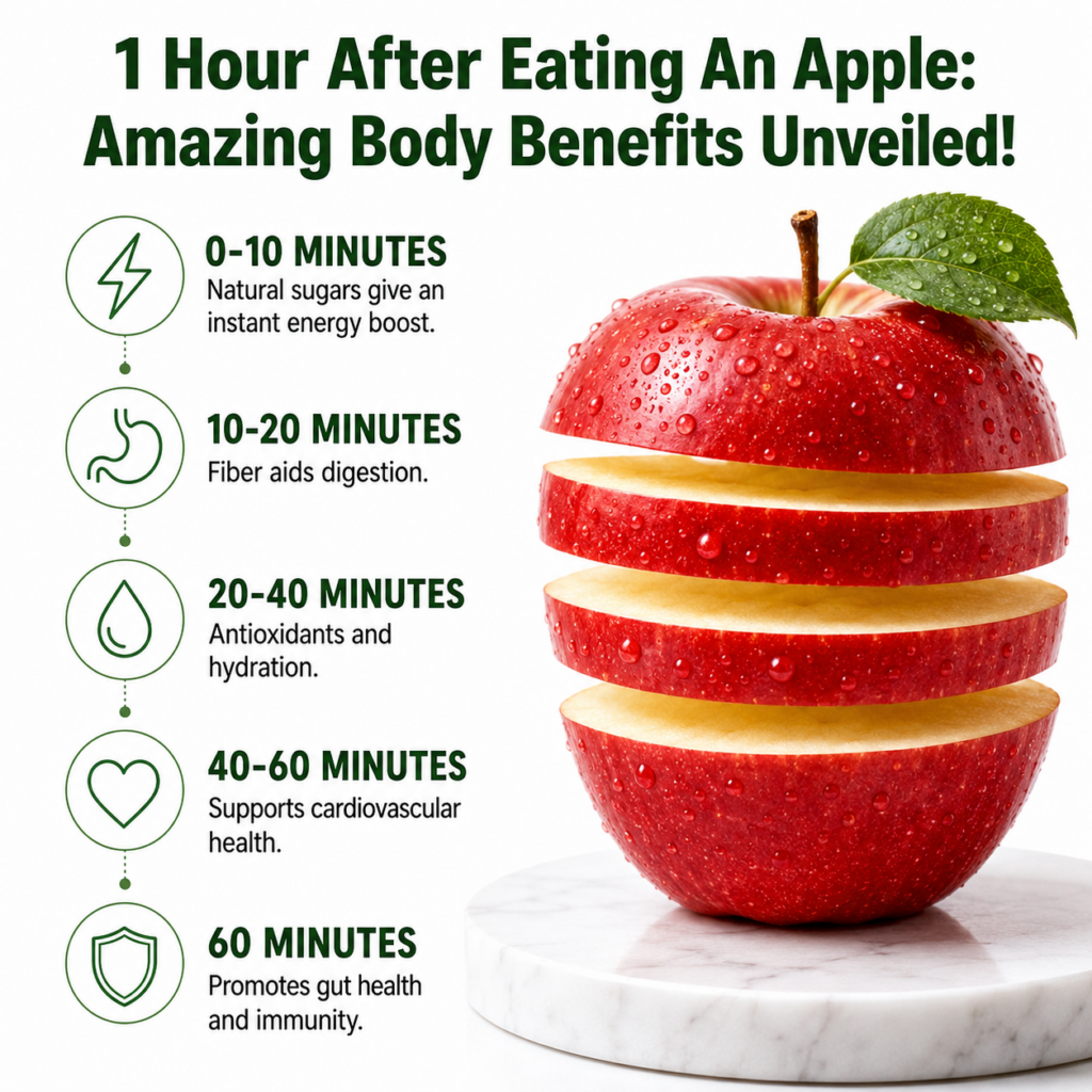 A vibrant red apple sliced horizontally into five sections with water droplets on its skin resting on a white marble sta