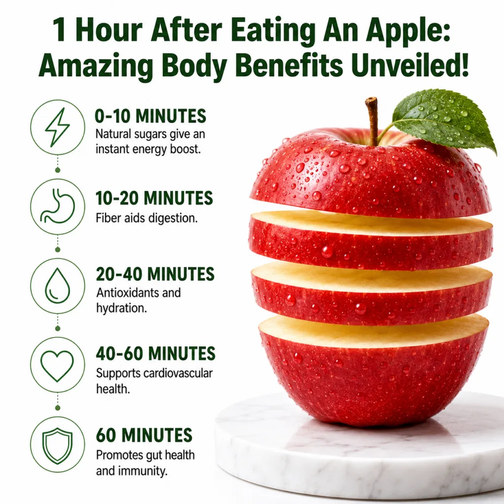 A vibrant red apple sliced horizontally into five sections with water droplets on its skin resting on a white marble sta