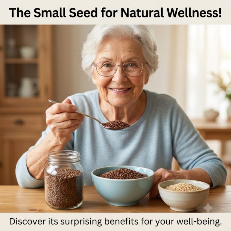 An elderly woman with white hair and glasses smiling at the camera holding a spoonful of small dark seeds On a wooden ta