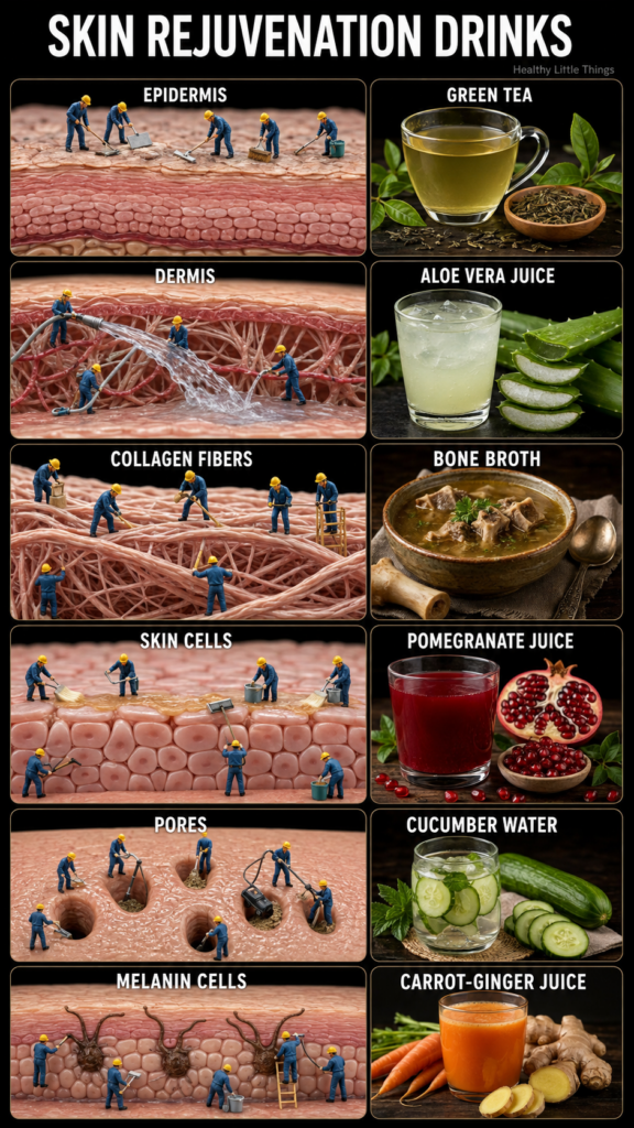 A vibrant and informative infographic titled SKIN REJUVENATION DRINKS showing six different drinks alongside correspondi