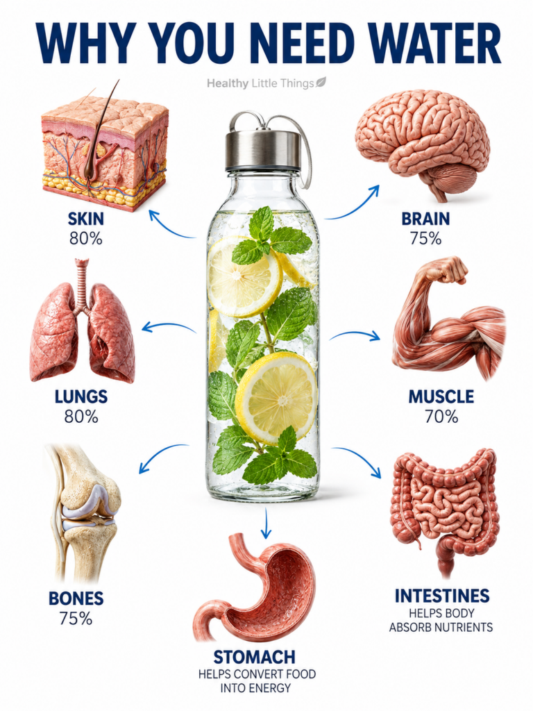 A clear glass water bottle with lemon slices and mint leaves surrounded by stylized anatomical illustrations of the brai