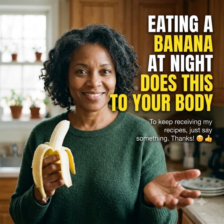 A smiling woman in a kitchen holding a partially peeled banana with an intriguing text overlay about eating bananas at n