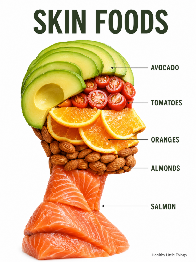 An illustrative image showing a human head and neck profile made up of different skin foods From top to bottom avocado c