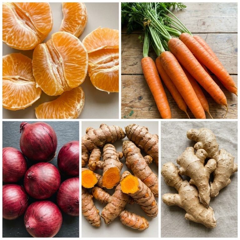A vibrant collage of peeled mandarin oranges fresh carrots red onions turmeric roots and ginger roots arranged in a grid